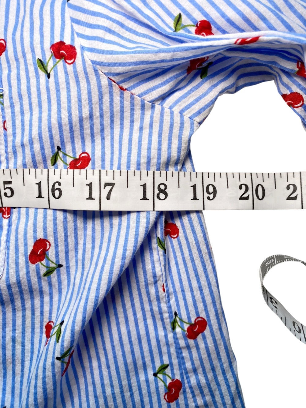 Love Notes Blue White Striped Cherry Print Button-Down Shirt Size M - Picture 12 of 15